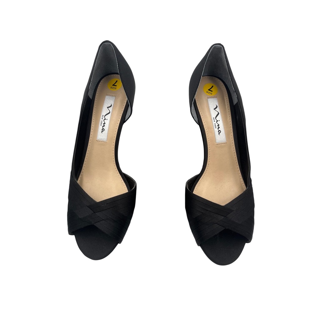 Nina Freja Black Luster Satin Peep Toe Kitten HeelDorsey Pumps Womens 7M G865F8 - Picture 2 of 7